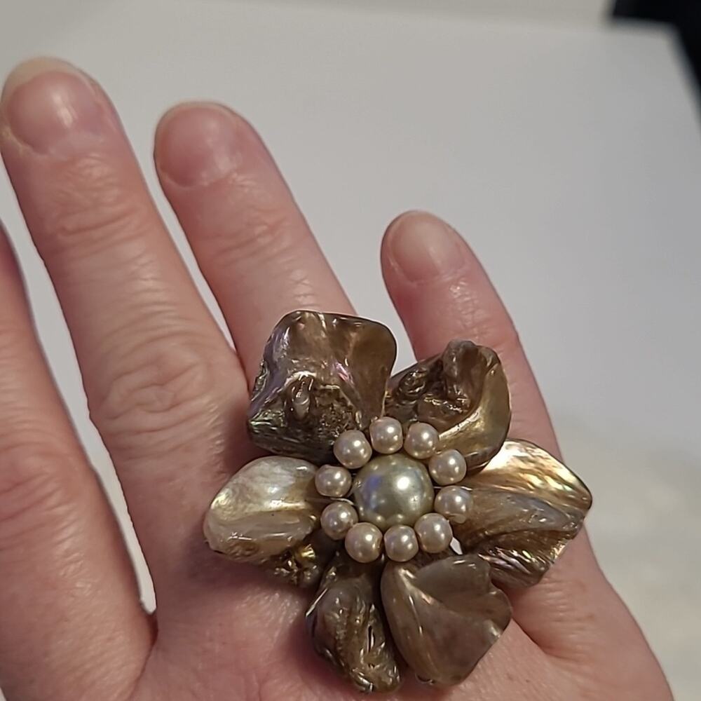 Statement Ring Gold Tone Floral Beaded with elastic band